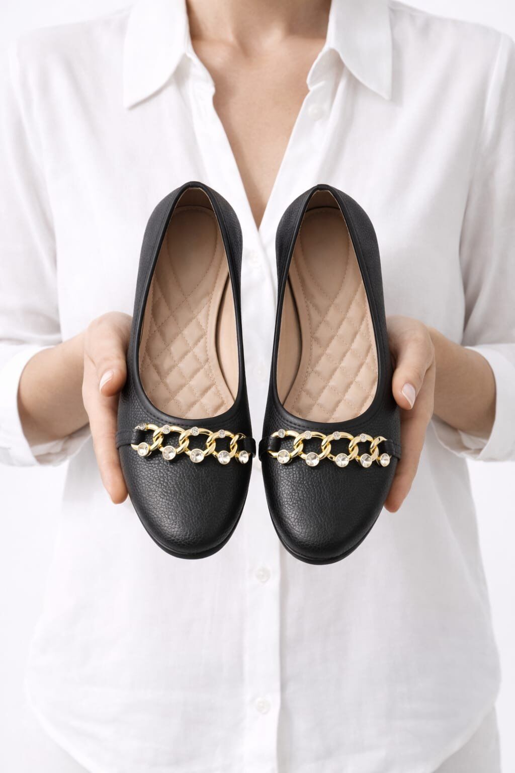 Kadın Gold Zincir Taş Detaylı Düz Babet – Günlük & Ofis Şık Rahat Ayakkabı SİYAH - 40