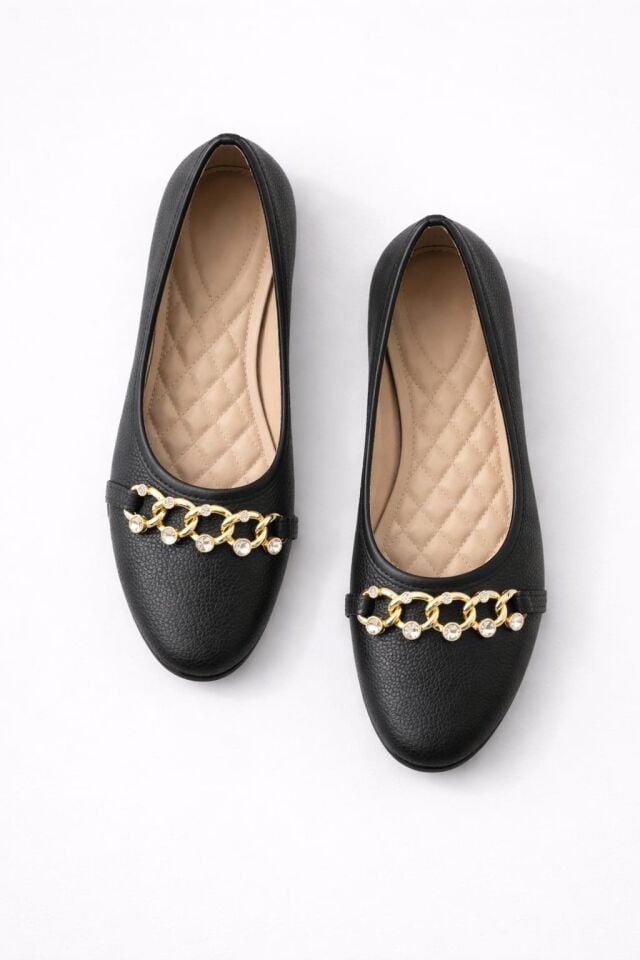 Kadın Gold Zincir Taş Detaylı Düz Babet – Günlük & Ofis Şık Rahat Ayakkabı SİYAH - 40