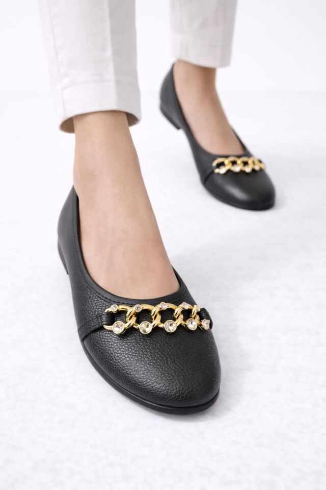 Kadın Gold Zincir Taş Detaylı Düz Babet – Günlük & Ofis Şık Rahat Ayakkabı SİYAH - 40