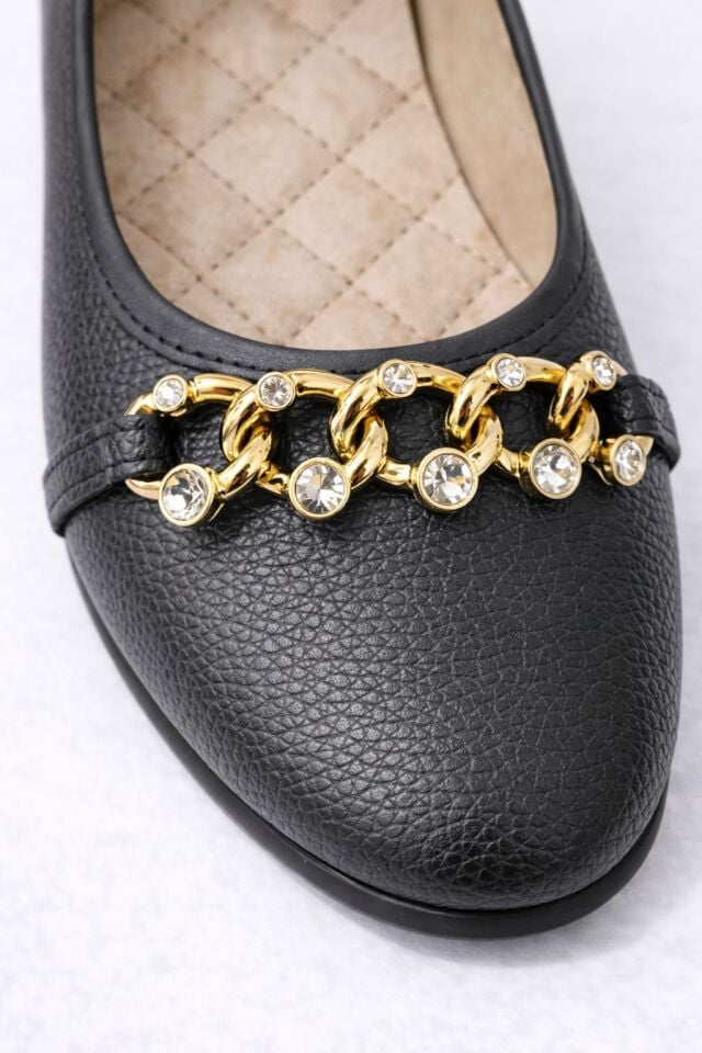 Kadın Gold Zincir Taş Detaylı Düz Babet – Günlük & Ofis Şık Rahat Ayakkabı SİYAH - 40