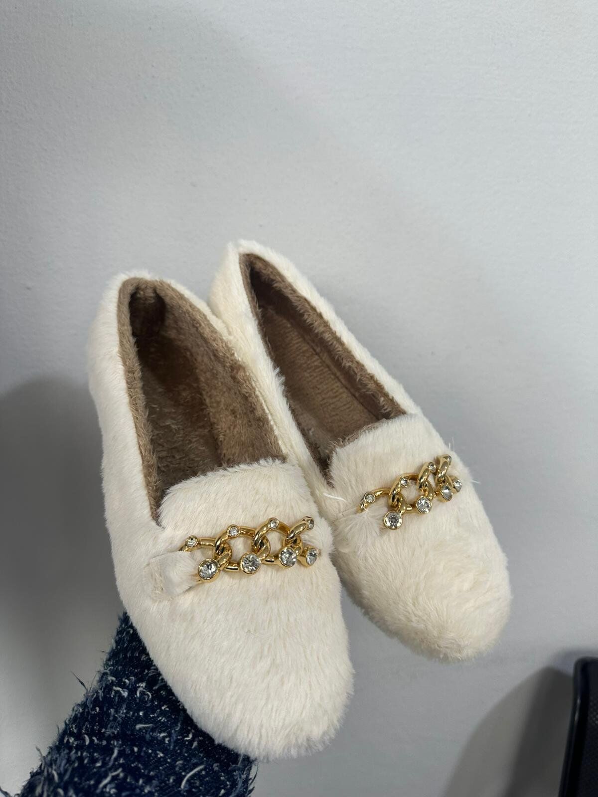 Yumuşak Peluş Kadın Taşlı Ev Babeti Hafif Taban Panduf Ev Pandufu BEYAZ - 39