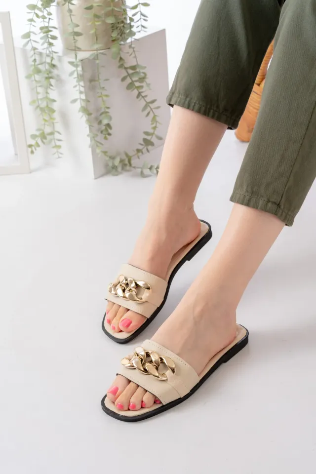 Zincirli Kadın Terlik Dış Mekan Sokak Plaj Ve Terliği 36 - KREM