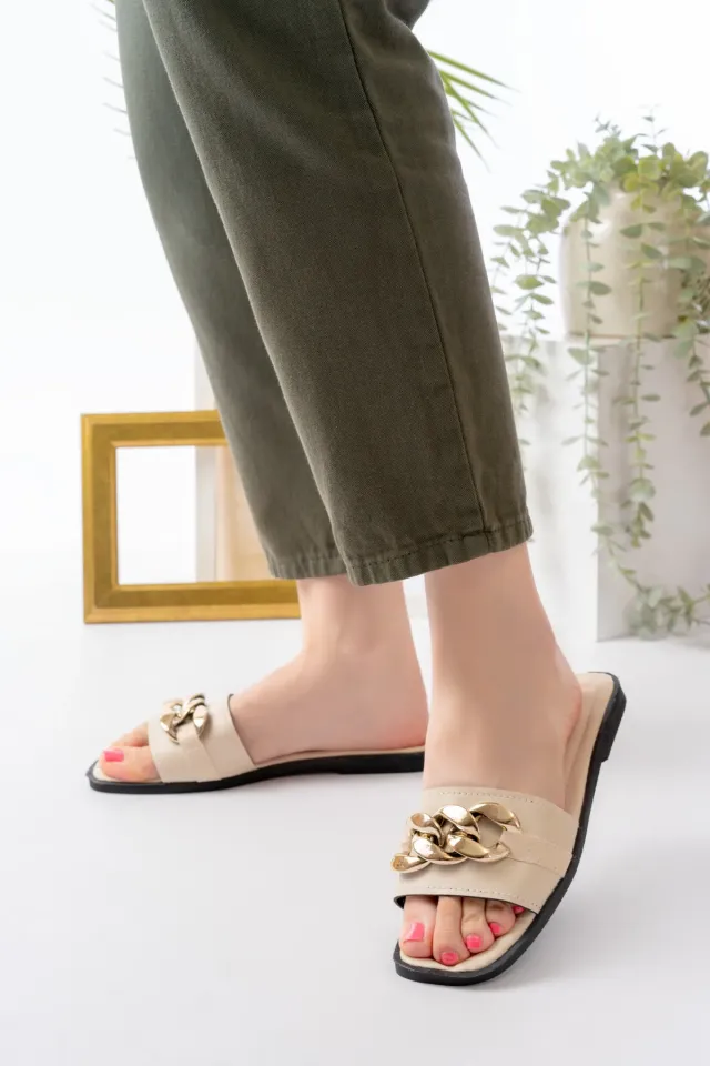 Zincirli Kadın Terlik Dış Mekan Sokak Plaj Ve Terliği 36 - KREM