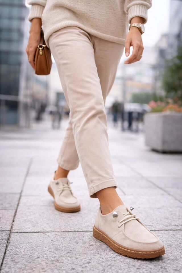 Kadın Süet Bağcıklı Casual Günlük Ayakkabı –Ortopedik & Termo Hafif Rahat Taban KREM - 37