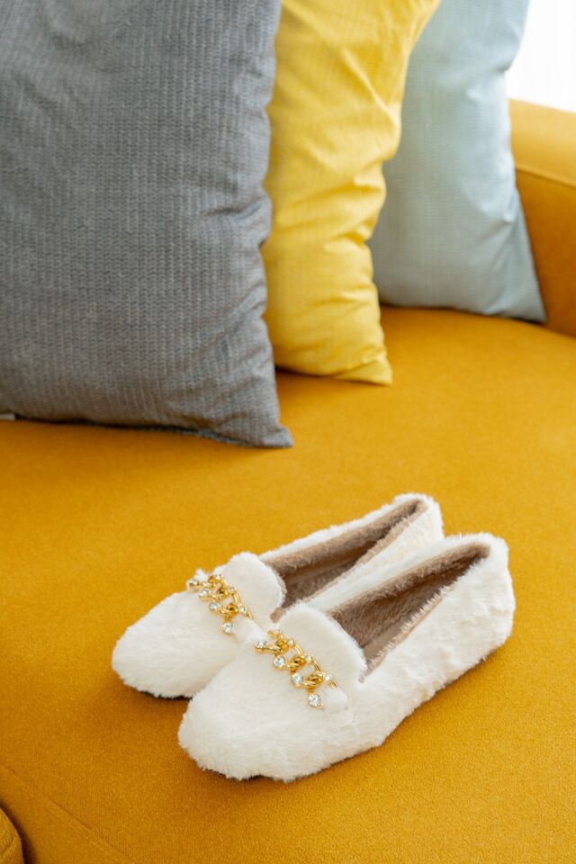 Yumuşak Peluş Kadın Taşlı Ev Babeti Hafif Taban Panduf Ev Pandufu BEYAZ - 40