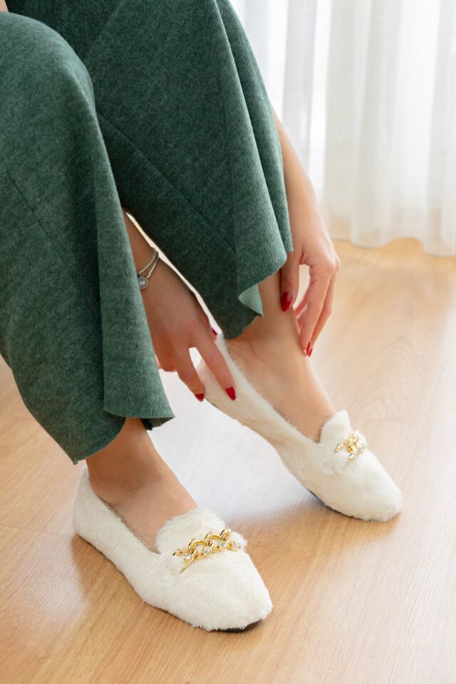 Yumuşak Peluş Kadın Taşlı Ev Babeti Hafif Taban Panduf Ev Pandufu BEYAZ - 40