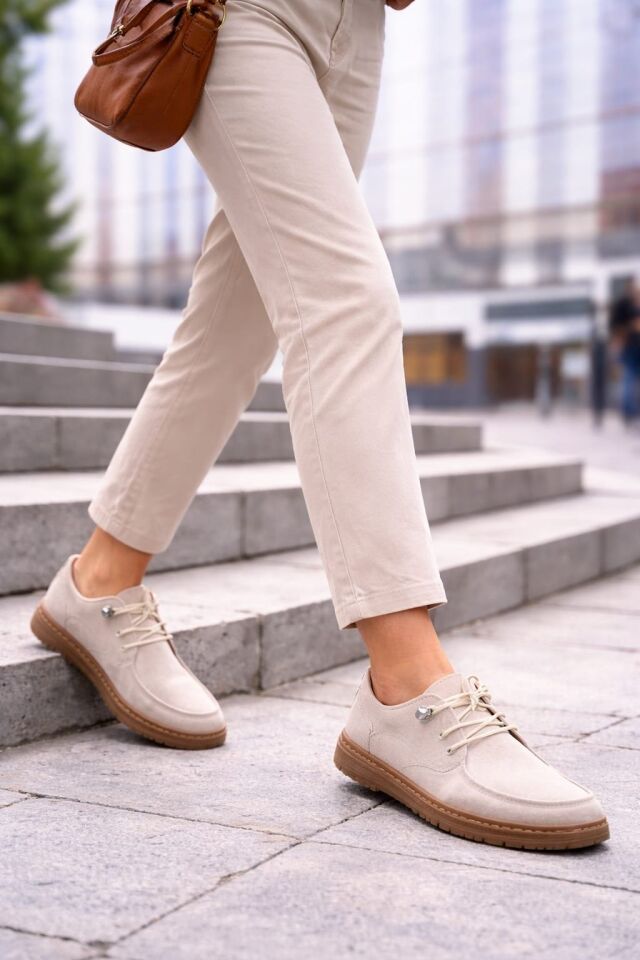 Kadın Süet Bağcıklı Casual Günlük Ayakkabı –Ortopedik & Termo Hafif Rahat Taban KREM - 38