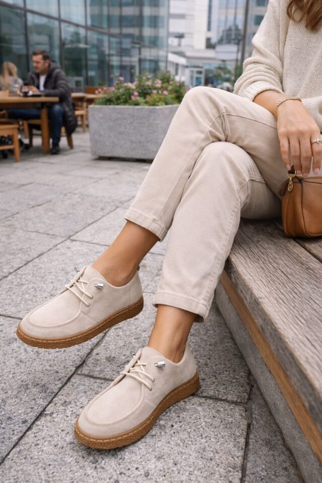 Kadın Süet Bağcıklı Casual Günlük Ayakkabı –Ortopedik & Termo Hafif Rahat Taban KREM - 38