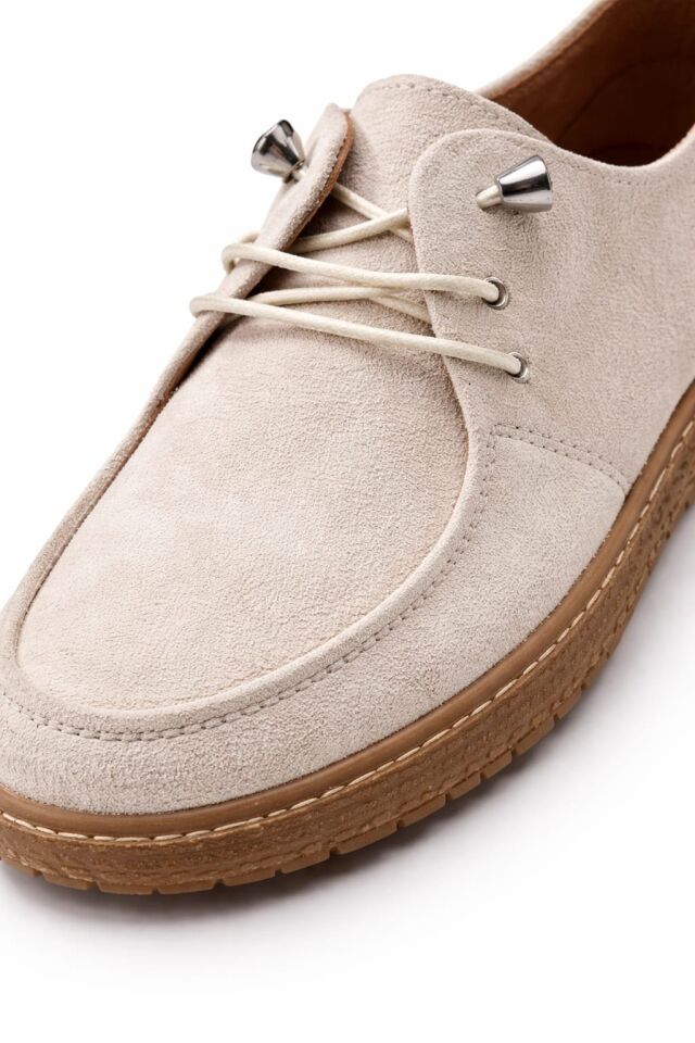 Kadın Süet Bağcıklı Casual Günlük Ayakkabı –Ortopedik & Termo Hafif Rahat Taban KREM - 38