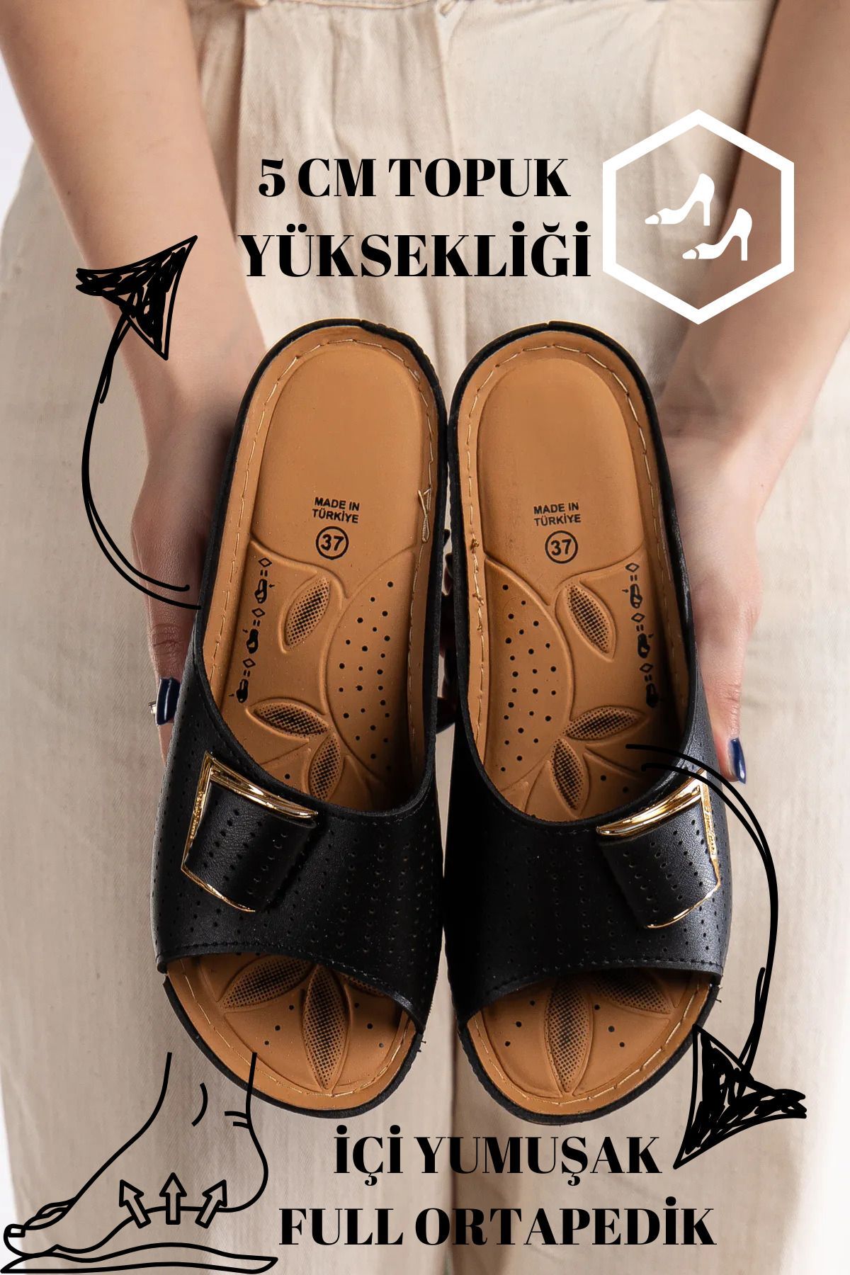 Günlük Ortopedik Terlik Anne Orta Yaş Genç Ev & Dışarı Terliği SİYAH - 41