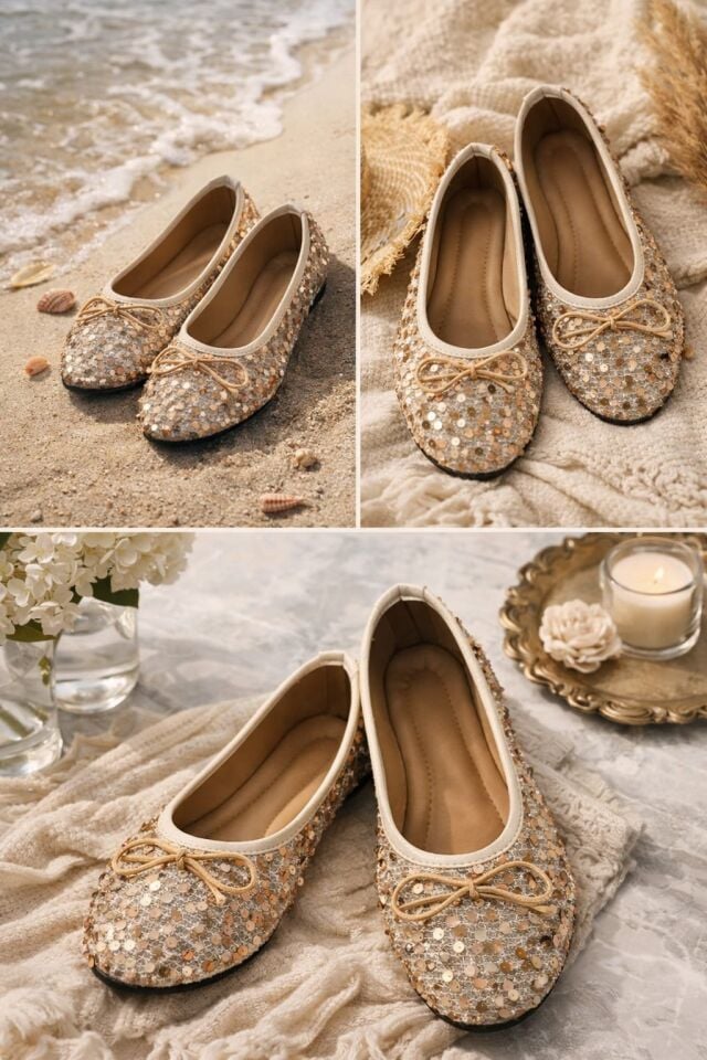 Pullu Simli Payetli Toka Detaylı Kadın Şık Günlük Babet KREM - 40