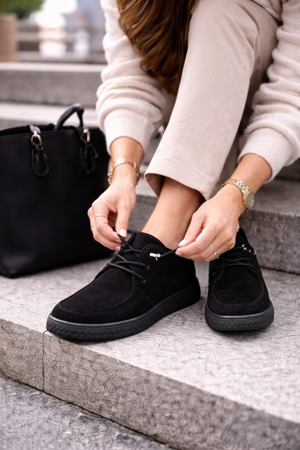 Kadın Süet Bağcıklı Casual Günlük Ayakkabı –Ortopedik & Termo Hafif Rahat Taban SİYAH - 37