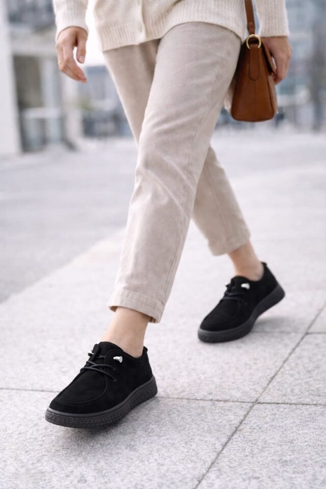 Kadın Süet Bağcıklı Casual Günlük Ayakkabı –Ortopedik & Termo Hafif Rahat Taban SİYAH - 37