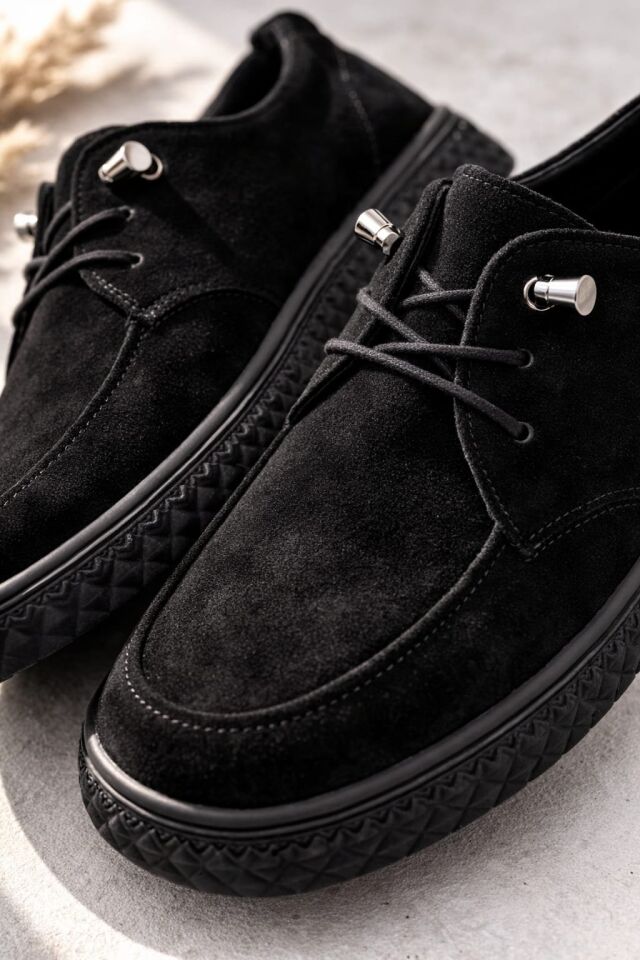 Kadın Süet Bağcıklı Casual Günlük Ayakkabı –Ortopedik & Termo Hafif Rahat Taban SİYAH - 37