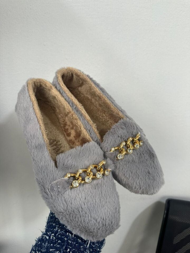 Yumuşak Peluş Kadın Taşlı Ev Babeti Hafif Taban Panduf Ev Pandufu GRİ - 40