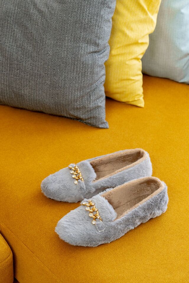 Yumuşak Peluş Kadın Taşlı Ev Babeti Hafif Taban Panduf Ev Pandufu GRİ - 40