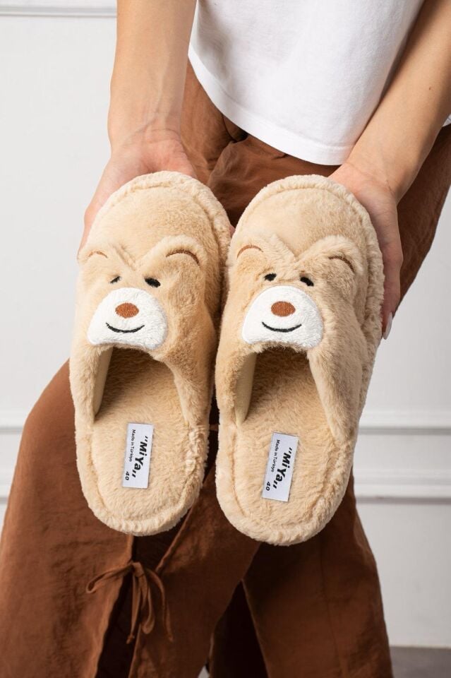 Kadın Panda Figürlü Sessiz Taban Peluş Ev Terliği YENİ VİZON - 40-41