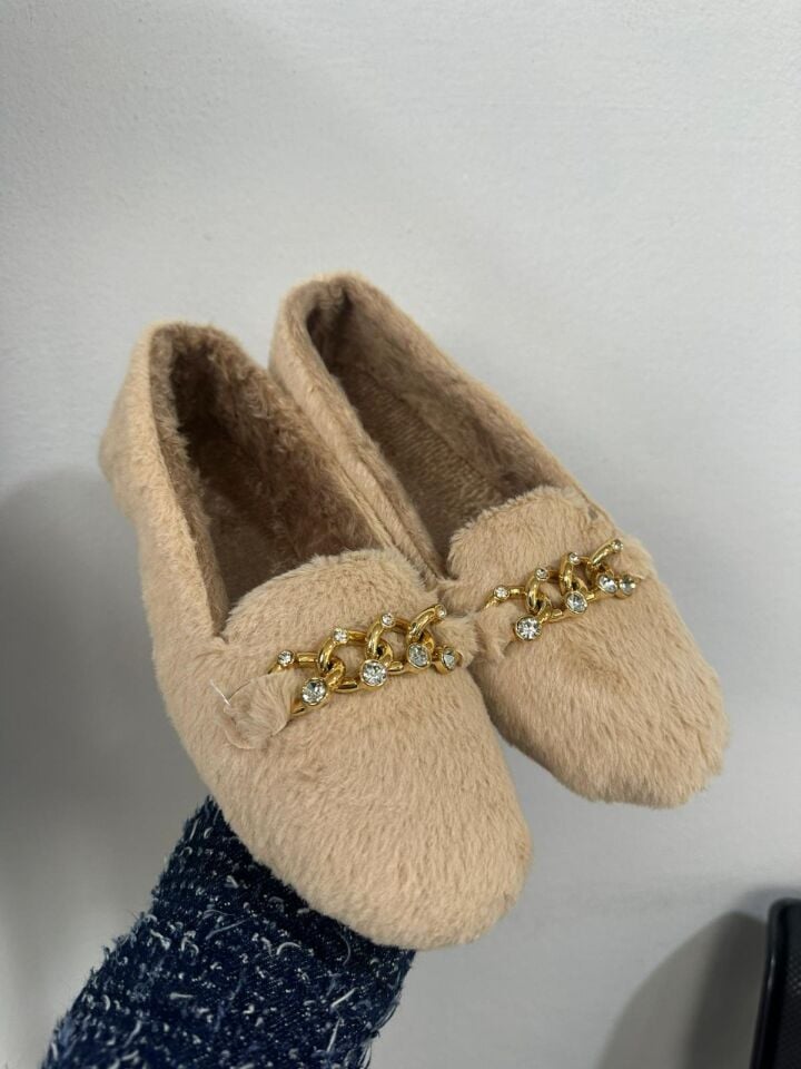Yumuşak Peluş Kadın Taşlı Ev Babeti Hafif Taban Panduf Ev Pandufu KREM - 40
