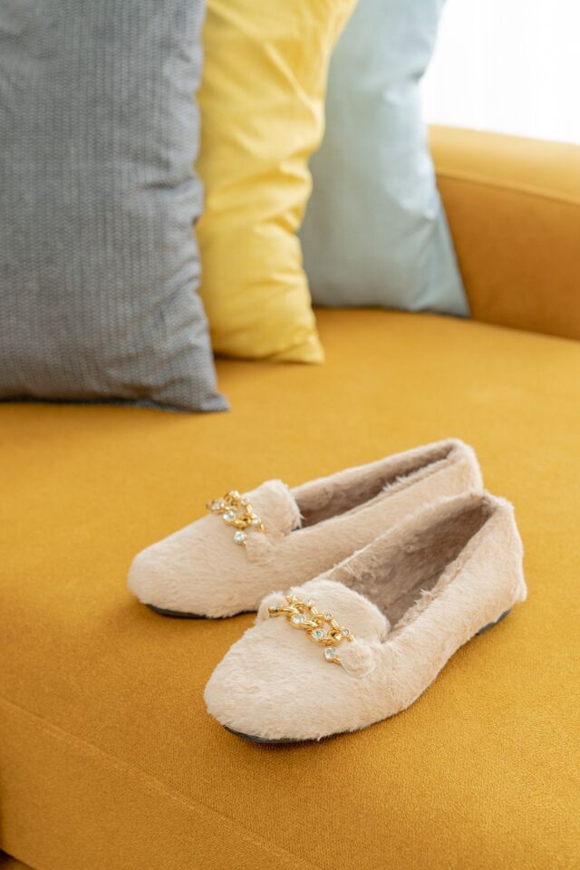 Yumuşak Peluş Kadın Taşlı Ev Babeti Hafif Taban Panduf Ev Pandufu KREM - 40