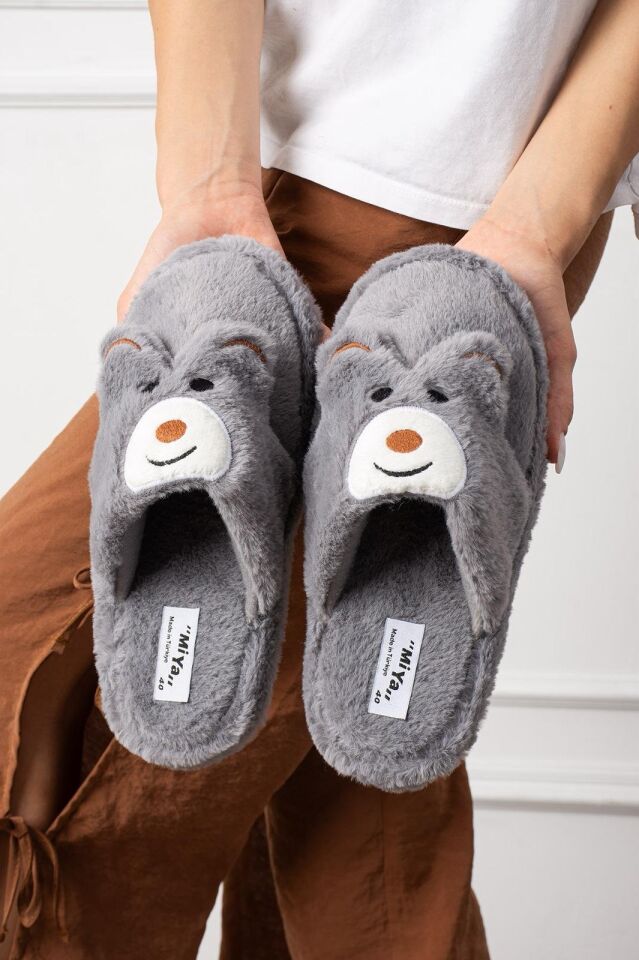 Kadın Panda Figürlü Sessiz Taban Peluş Ev Terliği YENİ GRİ - 40-41