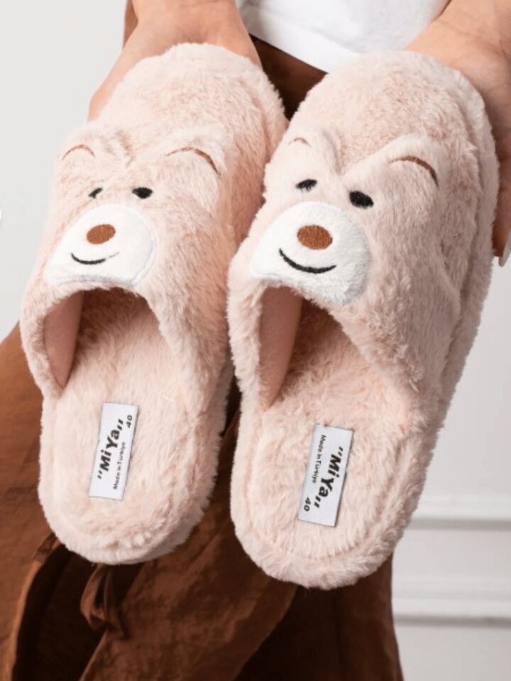 Kadın Panda Figürlü Sessiz Taban Peluş Ev Terliği YENİ PUDRA - 40-41