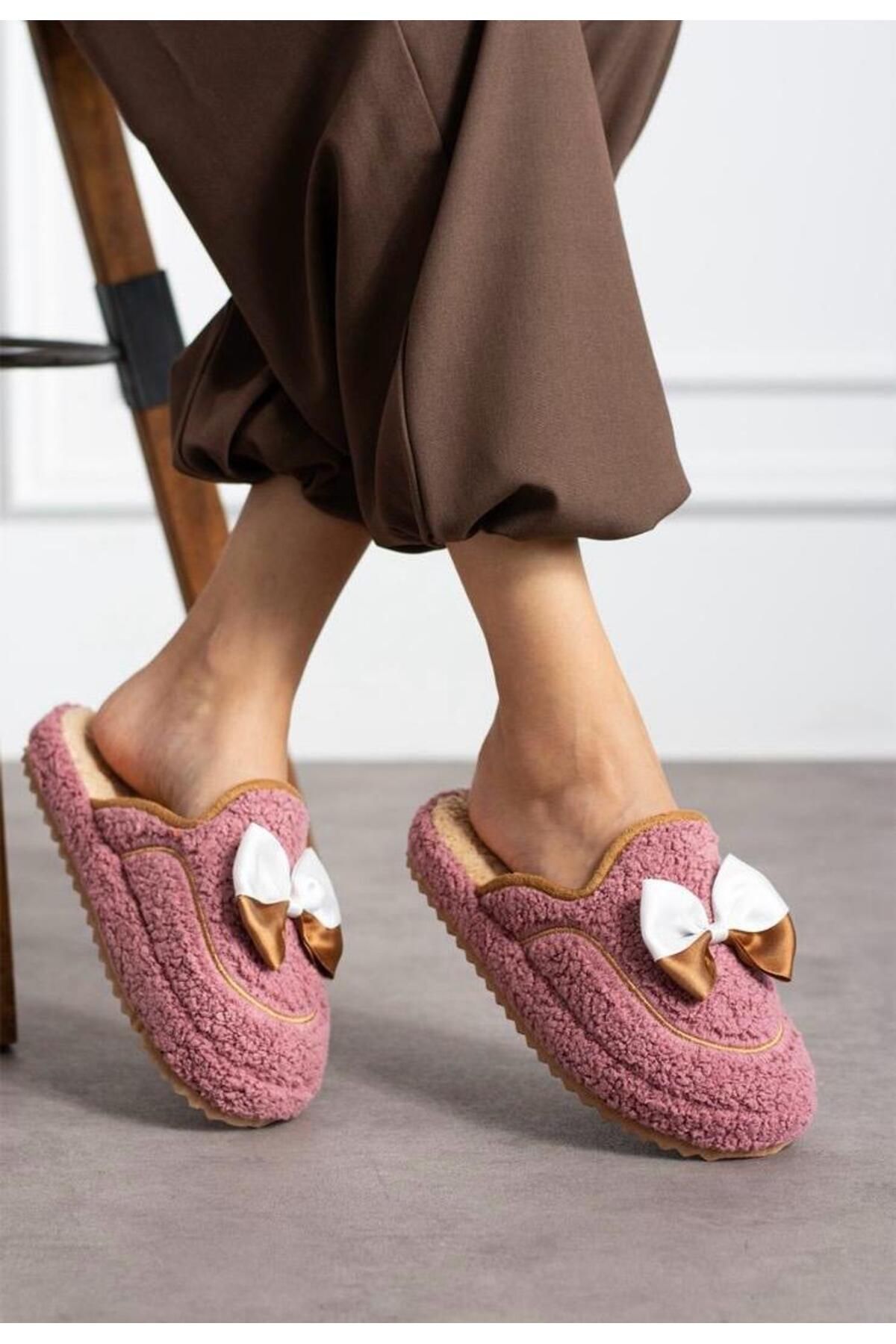 Sevimli Kurdeleli  Kaydırmaz Taban Kışlık-Mevsimlik Kadın Ev GÜL KURUSU - 38