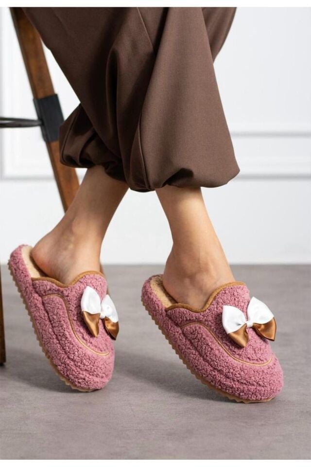 Sevimli Kurdeleli  Kaydırmaz Taban Kışlık-Mevsimlik Kadın Ev GÜL KURUSU - 38