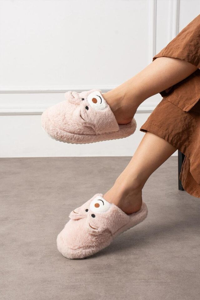 Kadın Panda Figürlü Sessiz Taban Peluş Ev Terliği YENİ PUDRA - 36-37