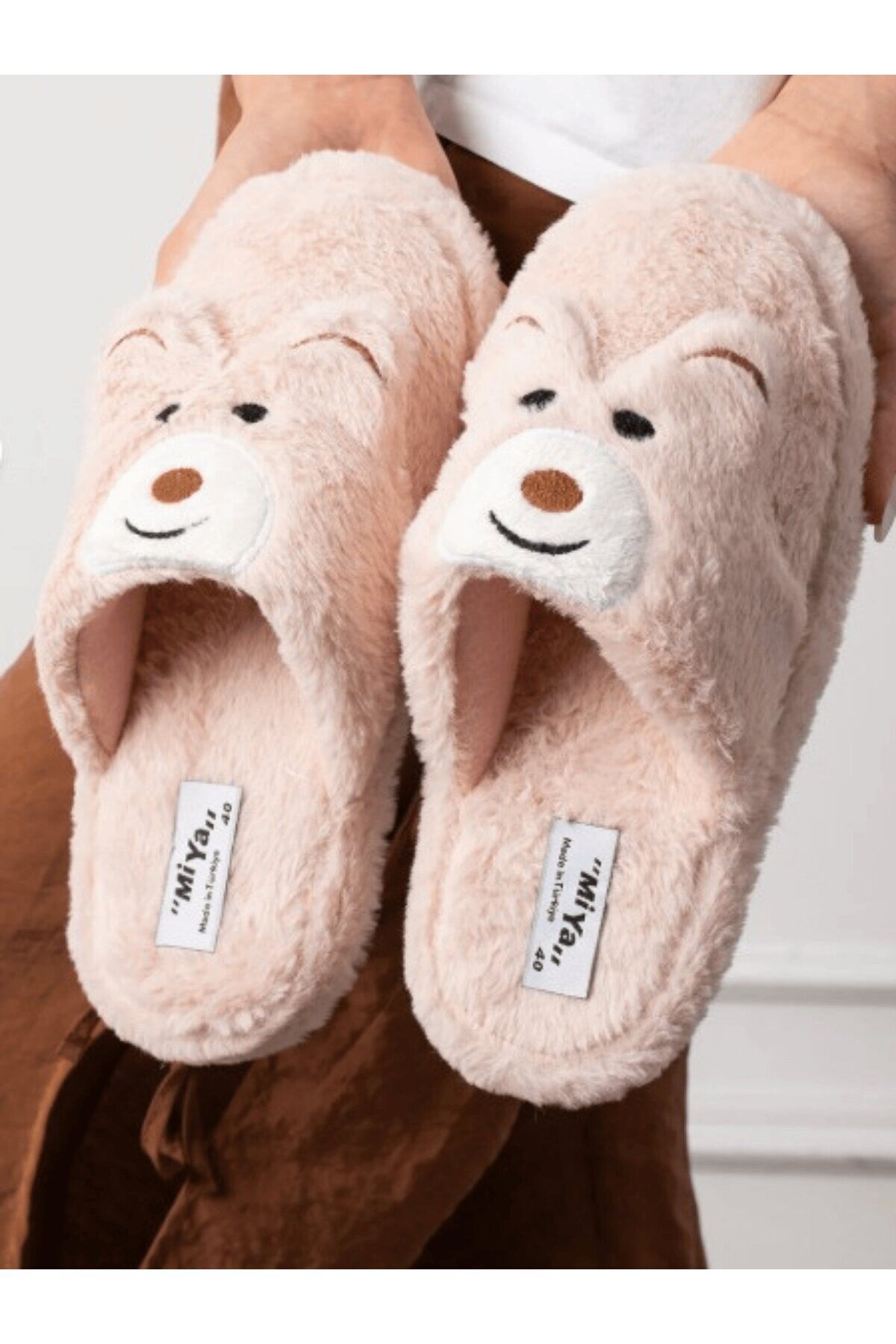 Kadın Panda Figürlü Sessiz Taban Peluş Ev Terliği YENİ PUDRA - 38-39