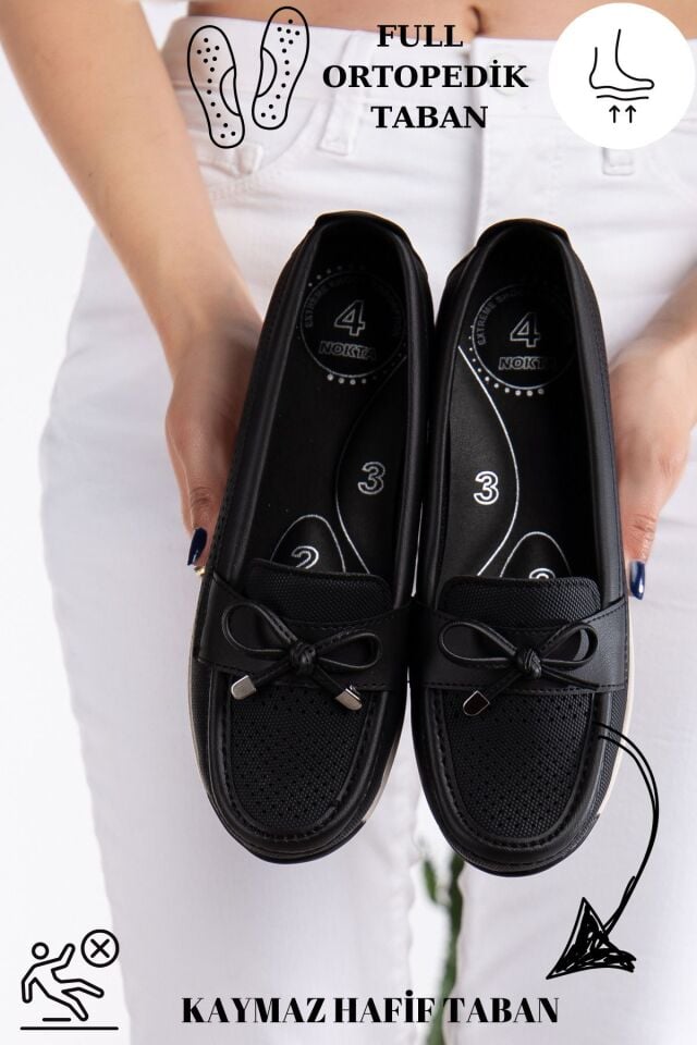 Kadın Delikli Kurdele Detaylı Ortopedik Terletmez Kaymaz Ayakkabı Babet SİYAH - 41