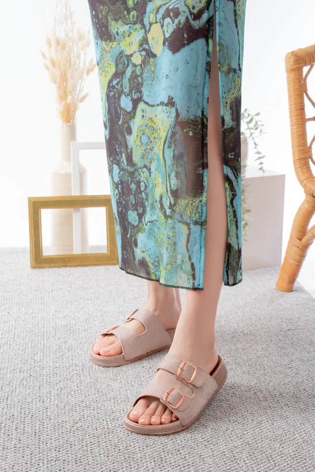 Pien Çift Tokalı  Şık Günlük Ful Ortapedik Terlik 36 - SİMLİ PUDRA