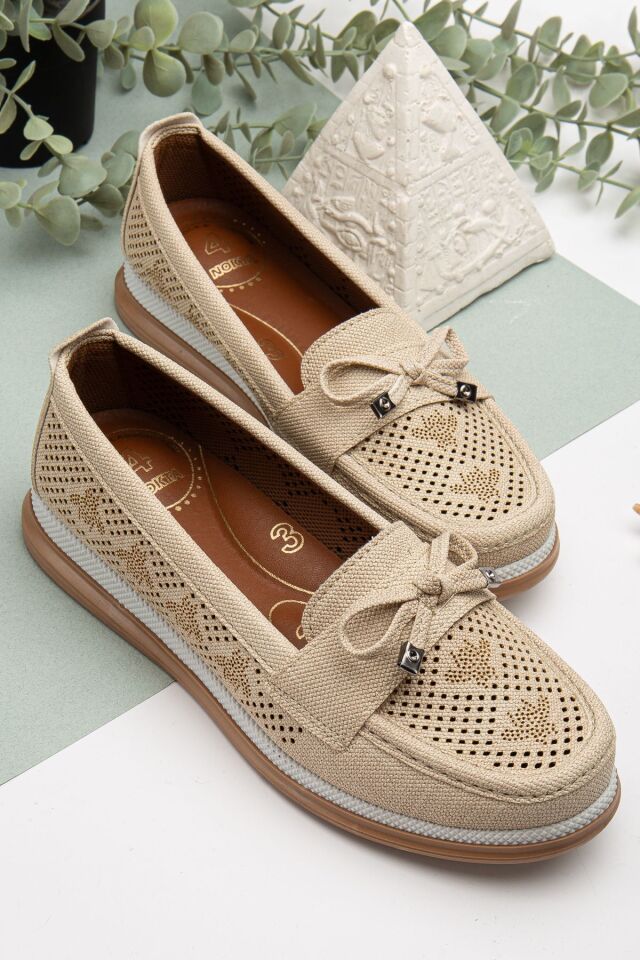 Kadın Delikli Kurdele Detaylı Anne Ayakkabısı Günlük Ayakkabı Babet KREM - 37