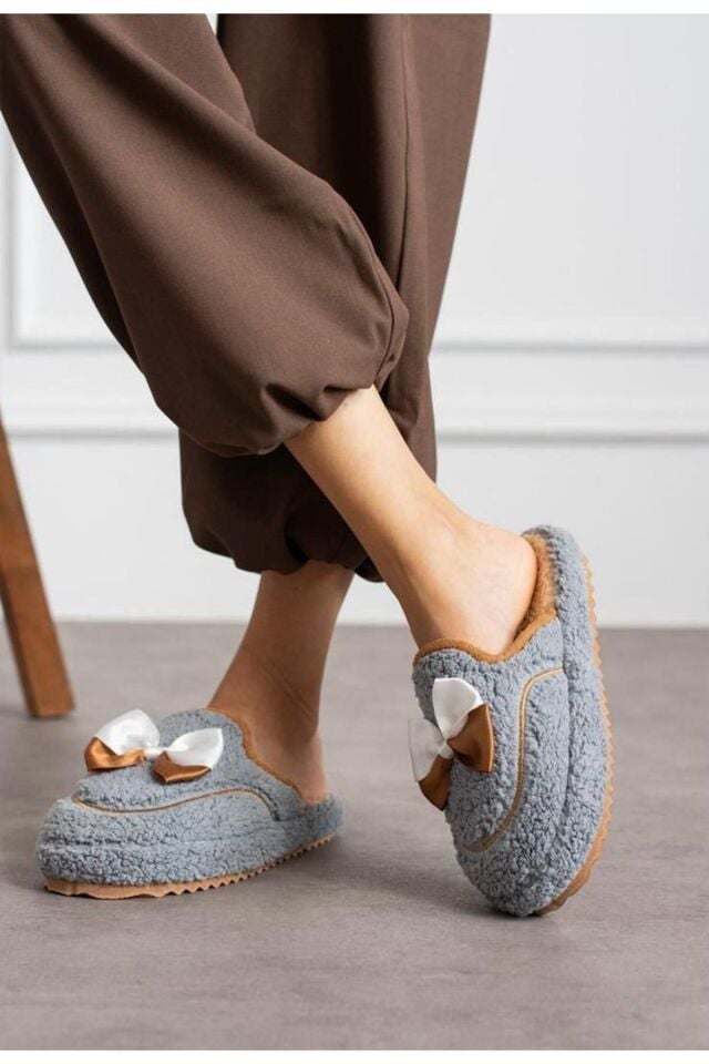 Sevimli Kurdeleli  Kaydırmaz Taban Kışlık-Mevsimlik Kadın Ev GRİ - 38