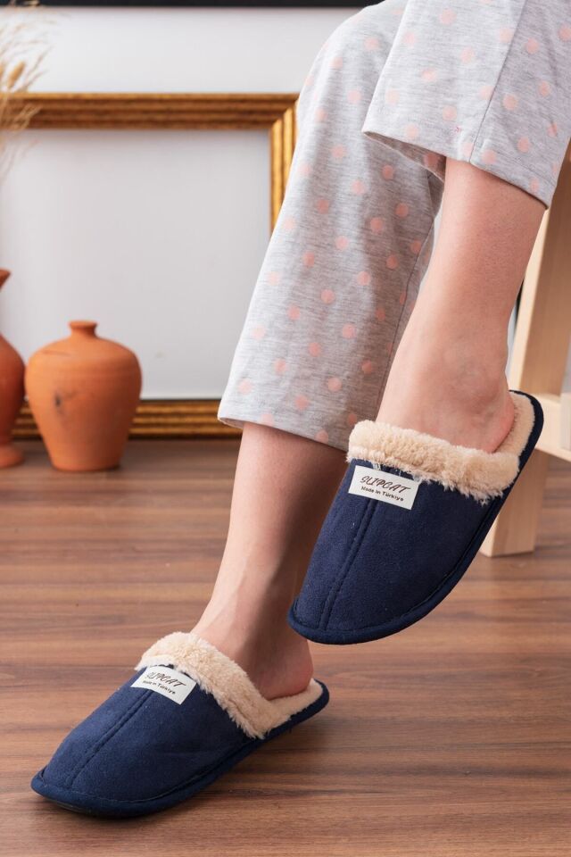 Içi Kürklü Ev Terliği Misafir Terliği Çeyiz Bohça Bahçe Terliği LACİVERT - 40