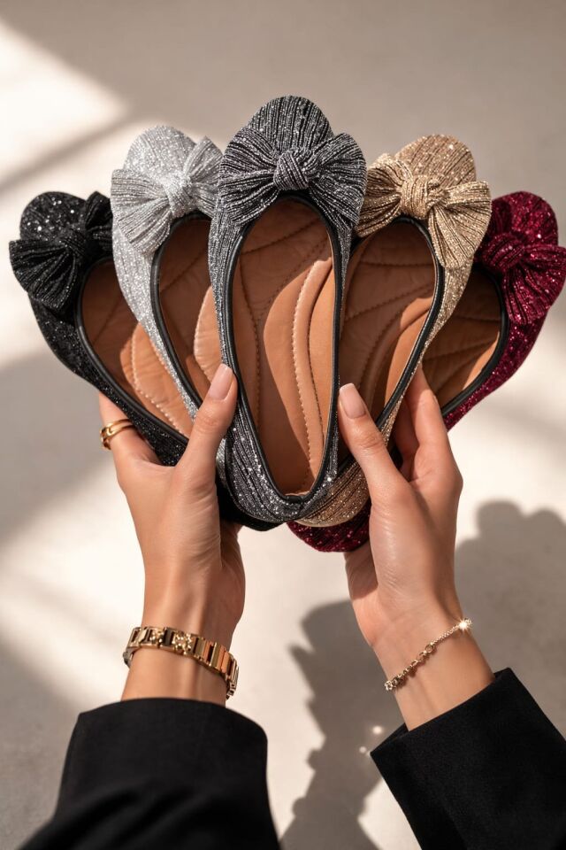 Kadın Simli Taşlı Fiyonklu Babet Ayakkabı – Rahat, Şık, Günlük Kullanım ALTIN - 38