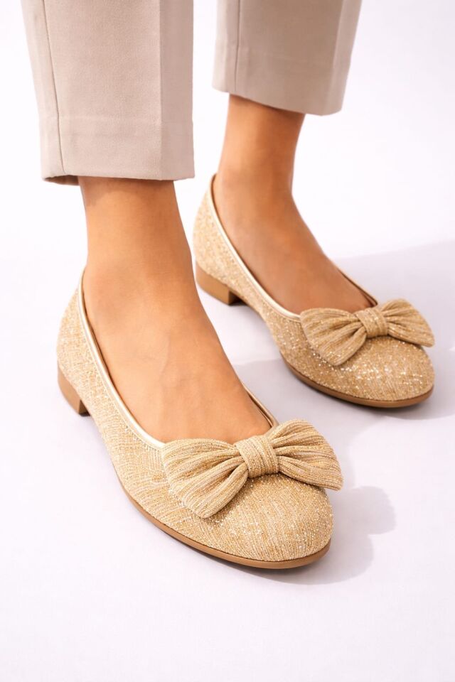 Kadın Simli Taşlı Fiyonklu Babet Ayakkabı – Rahat, Şık, Günlük Kullanım ALTIN - 38