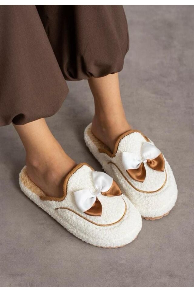 Sevimli Kurdeleli  Kaydırmaz Taban Kışlık-Mevsimlik Kadın Ev BEYAZ - 40