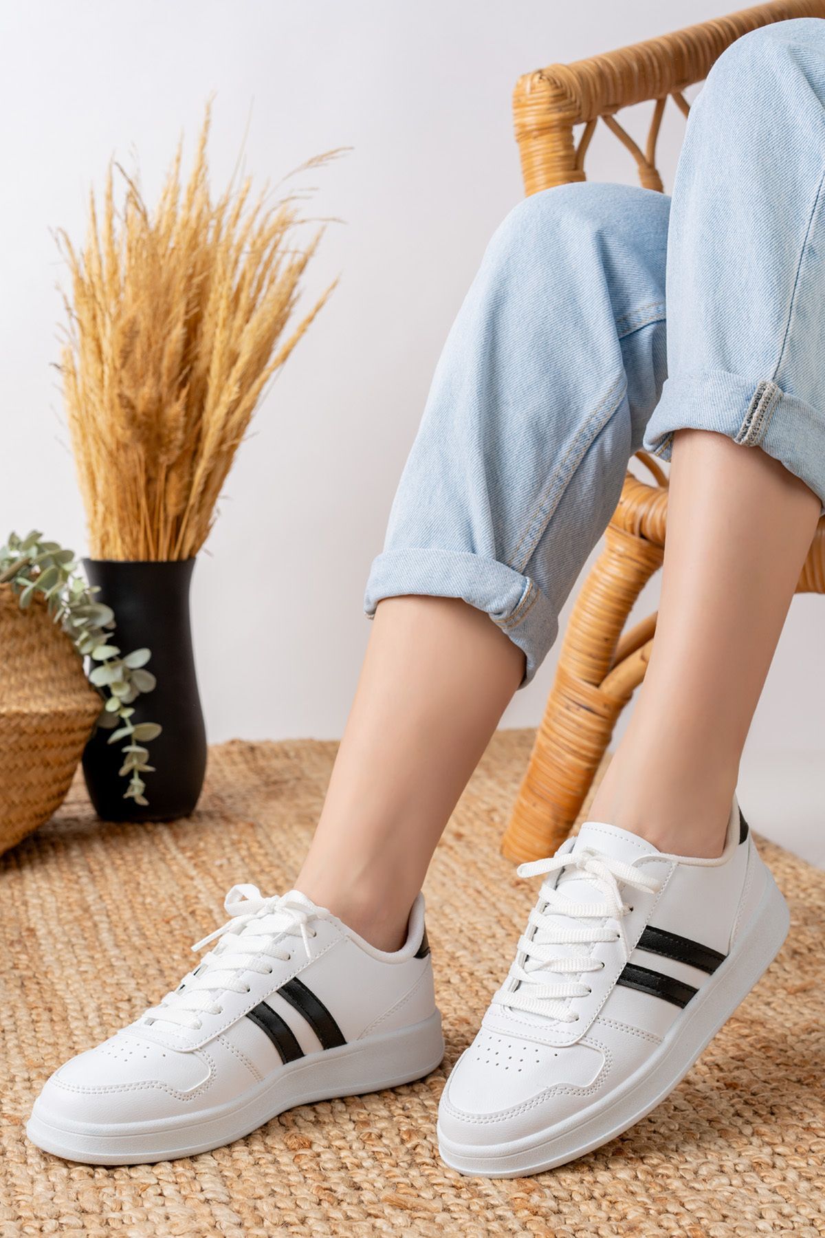 Unisex Spor Ayakkabı Günlük Casual Sneakers BEYAZ-SİYAH - 37