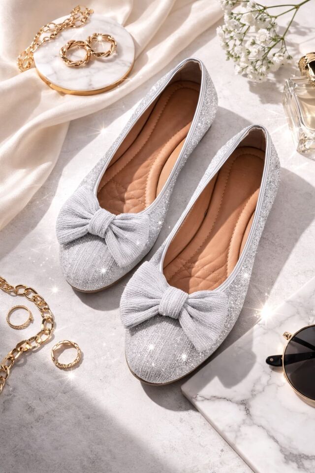 Kadın Simli Taşlı Fiyonklu Babet Ayakkabı – Rahat, Şık, Günlük Kullanım GÜMÜŞ - 39