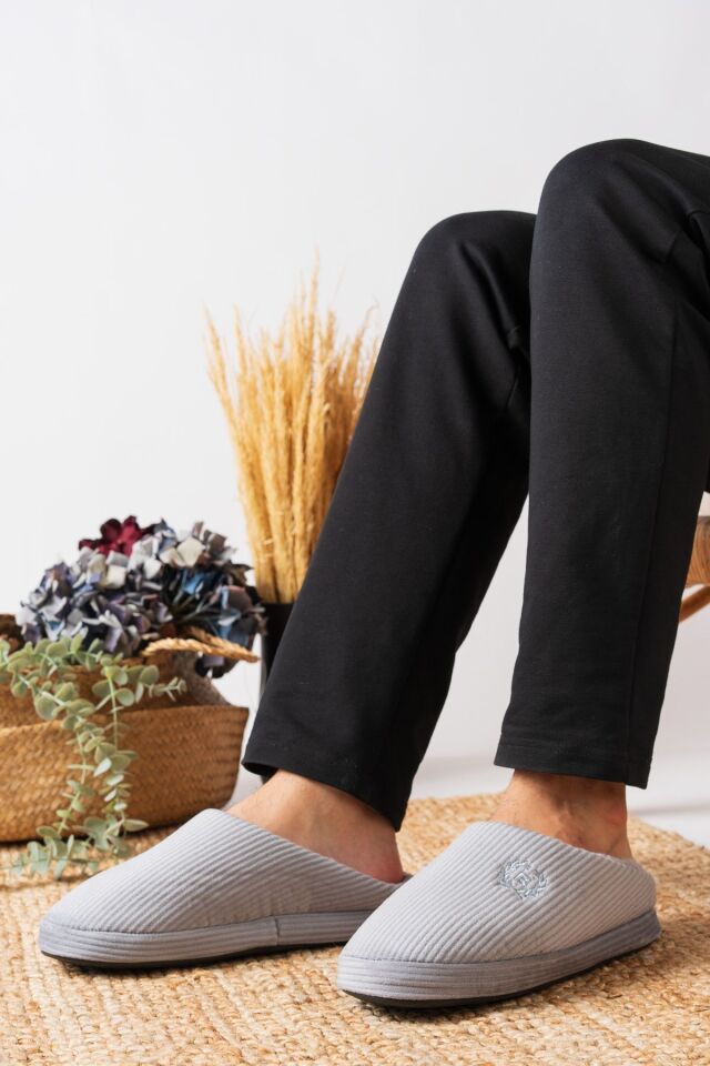 Unisex Nakışlı Kadife Ev Terliği GRİ - 41