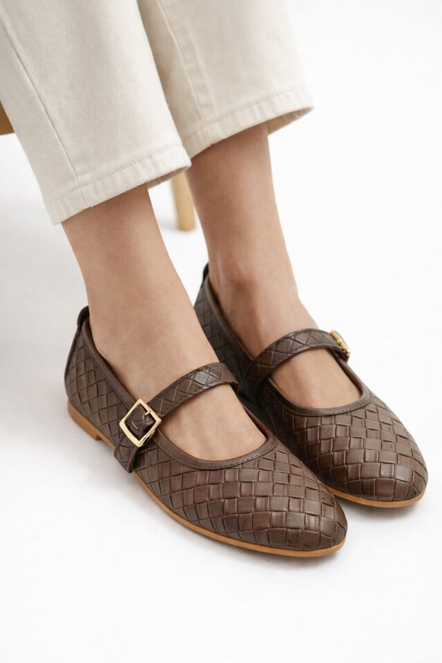 Kadın Babet ayakkabı Klasik Örgü Deri Desenli Esnekligi Ve Zarif Günlük Babet KAHVERENGİ - 40