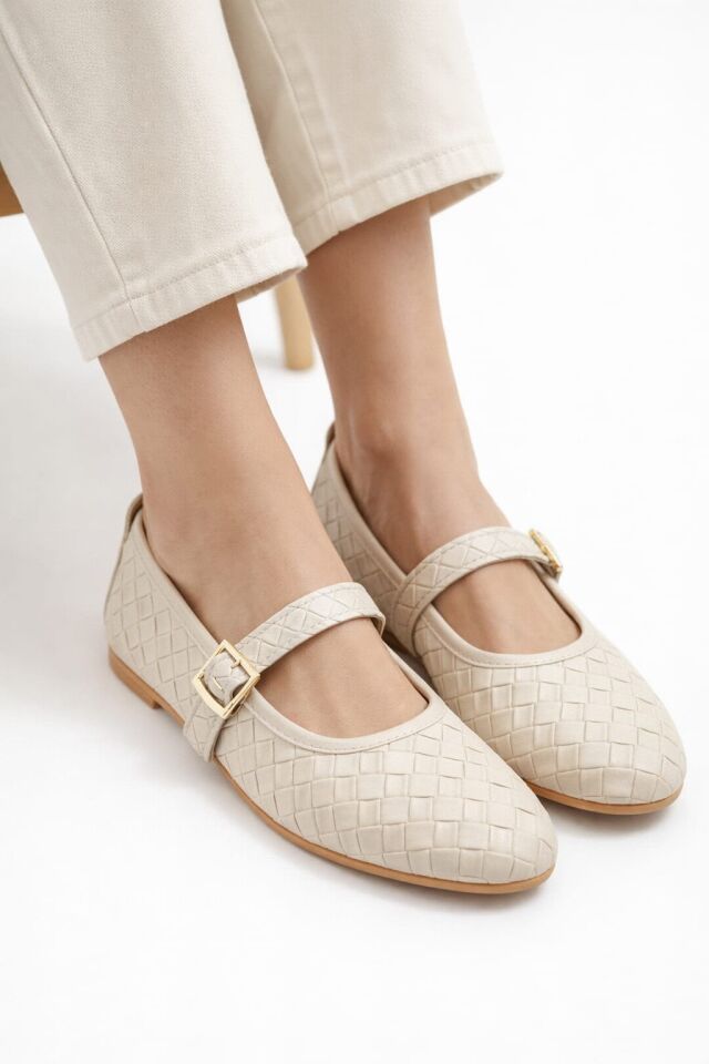 Kadın Babet ayakkabı Klasik Örgü Deri Desenli Esnekligi Ve Zarif Günlük Babet KREM - 37
