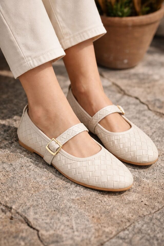 Kadın Babet ayakkabı Klasik Örgü Deri Desenli Esnekligi Ve Zarif Günlük Babet KREM - 37