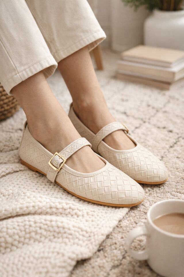 Kadın Babet ayakkabı Klasik Örgü Deri Desenli Esnekligi Ve Zarif Günlük Babet KREM - 37