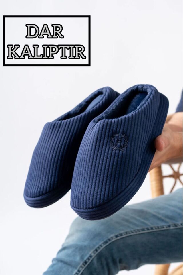 Unisex Nakışlı Kadife Ev Terliği LACİVERT - 43