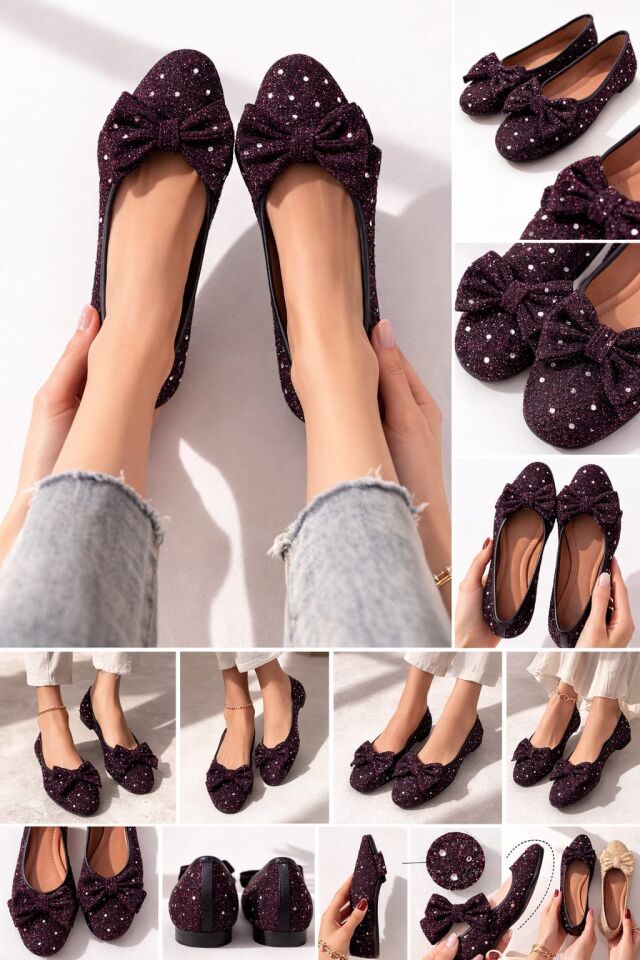 Kadın Simli Taşlı Fiyonklu Babet Ayakkabı – Rahat, Şık, Günlük Kullanım KAHVERENGİ - 38