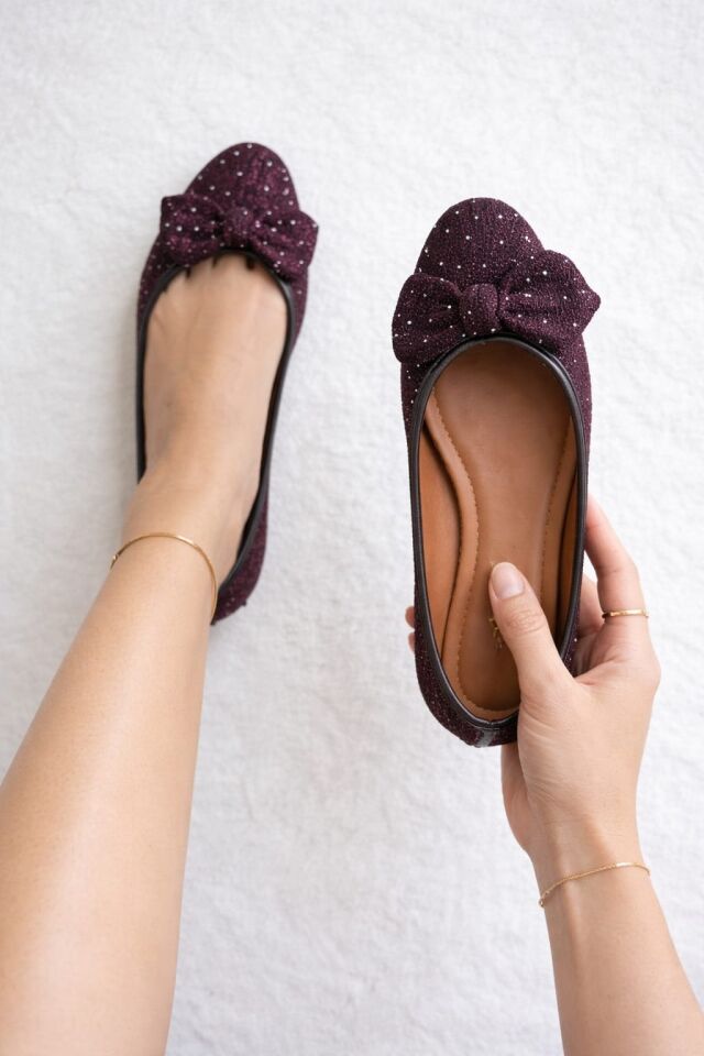 Kadın Simli Taşlı Fiyonklu Babet Ayakkabı – Rahat, Şık, Günlük Kullanım KAHVERENGİ - 40