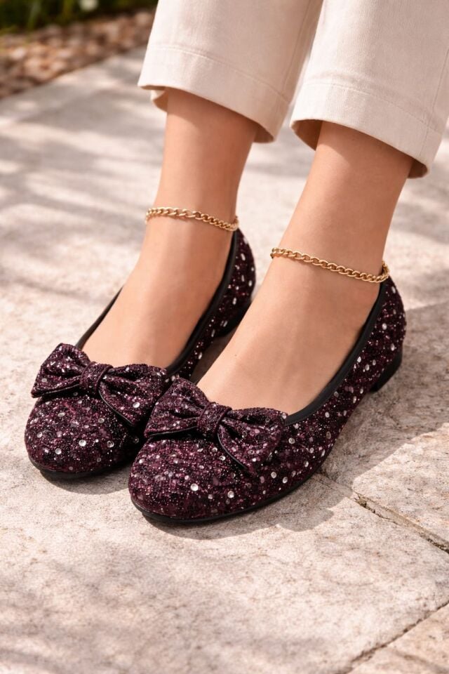 Kadın Simli Taşlı Fiyonklu Babet Ayakkabı – Rahat, Şık, Günlük Kullanım KAHVERENGİ - 40