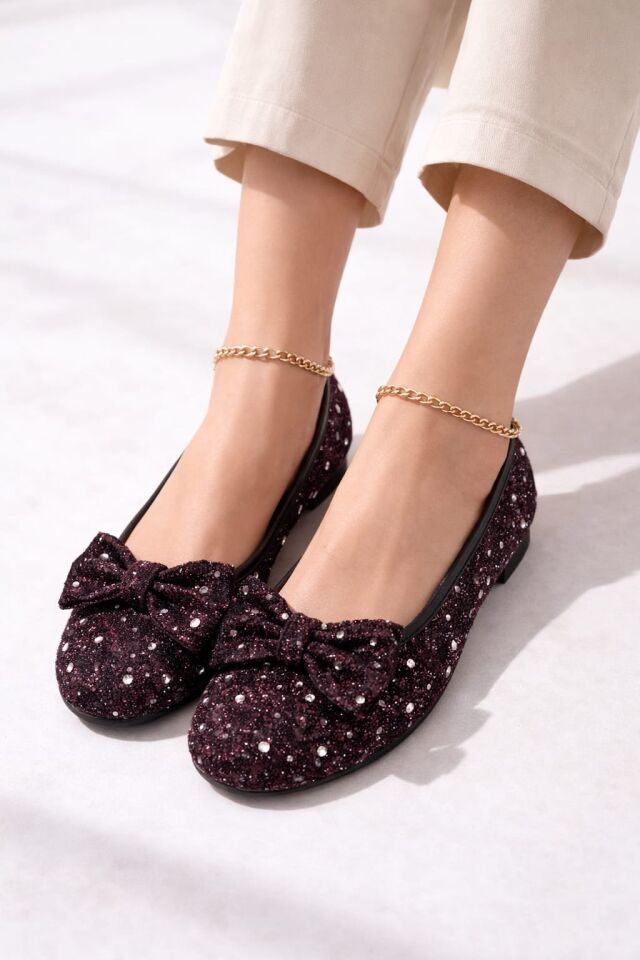 Kadın Simli Taşlı Fiyonklu Babet Ayakkabı – Rahat, Şık, Günlük Kullanım KAHVERENGİ - 40