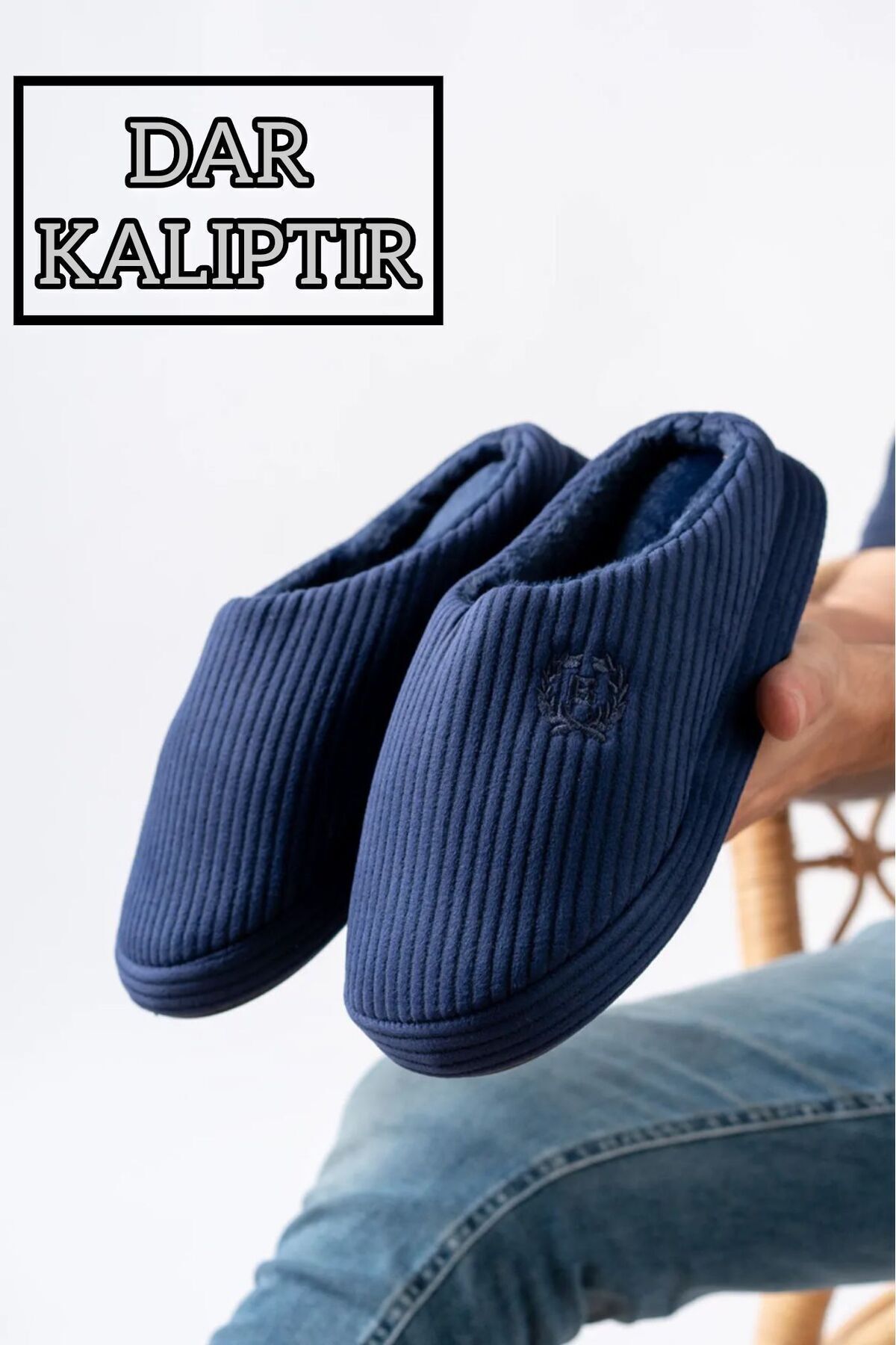 Unisex Nakışlı Kadife Ev Terliği LACİVERT - 45